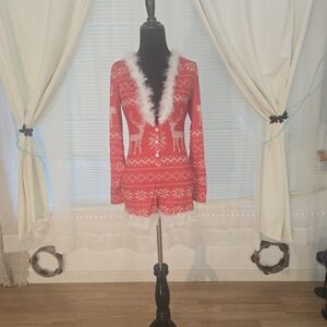 Christmas Snowflake Elk Print Lace Feather Trim Ribbed Adult Onesie